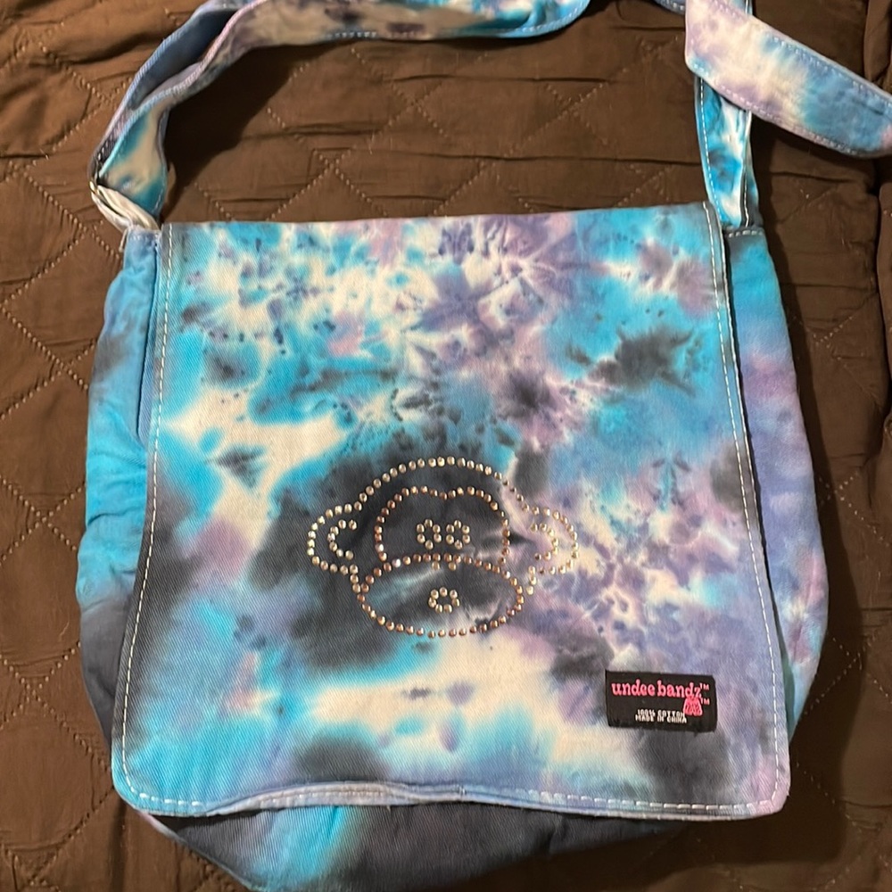 Tie dye fabric small shoulder strap bag. Monkey diamond motif.